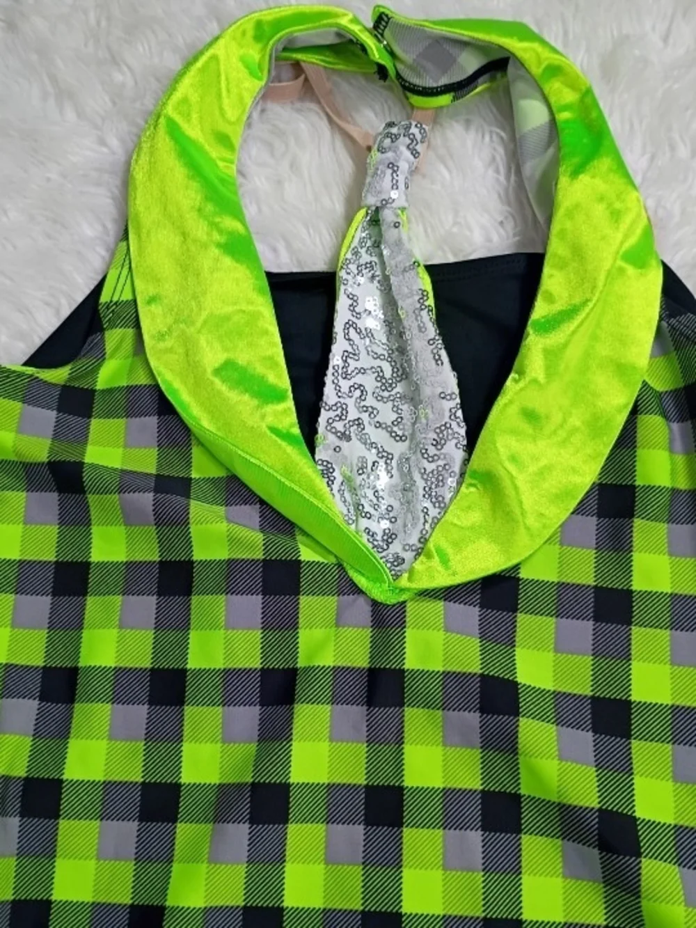 Weissman Neon Lime Green Plaid Halter Leotard Dancewear Costume, Child Medium
